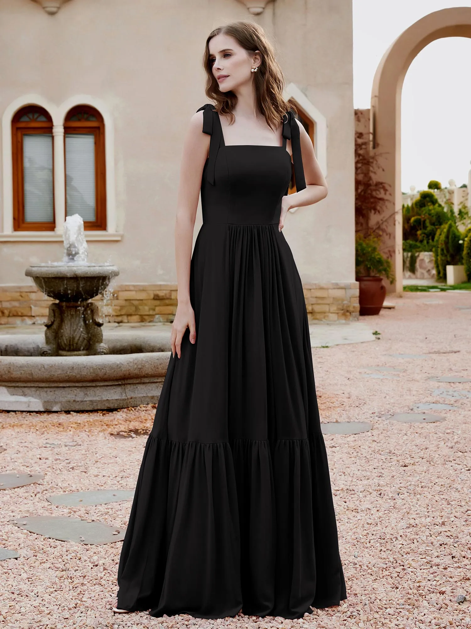 A-Line Bow Ruffle Sleeveless Chiffon Dress Black Plus Size