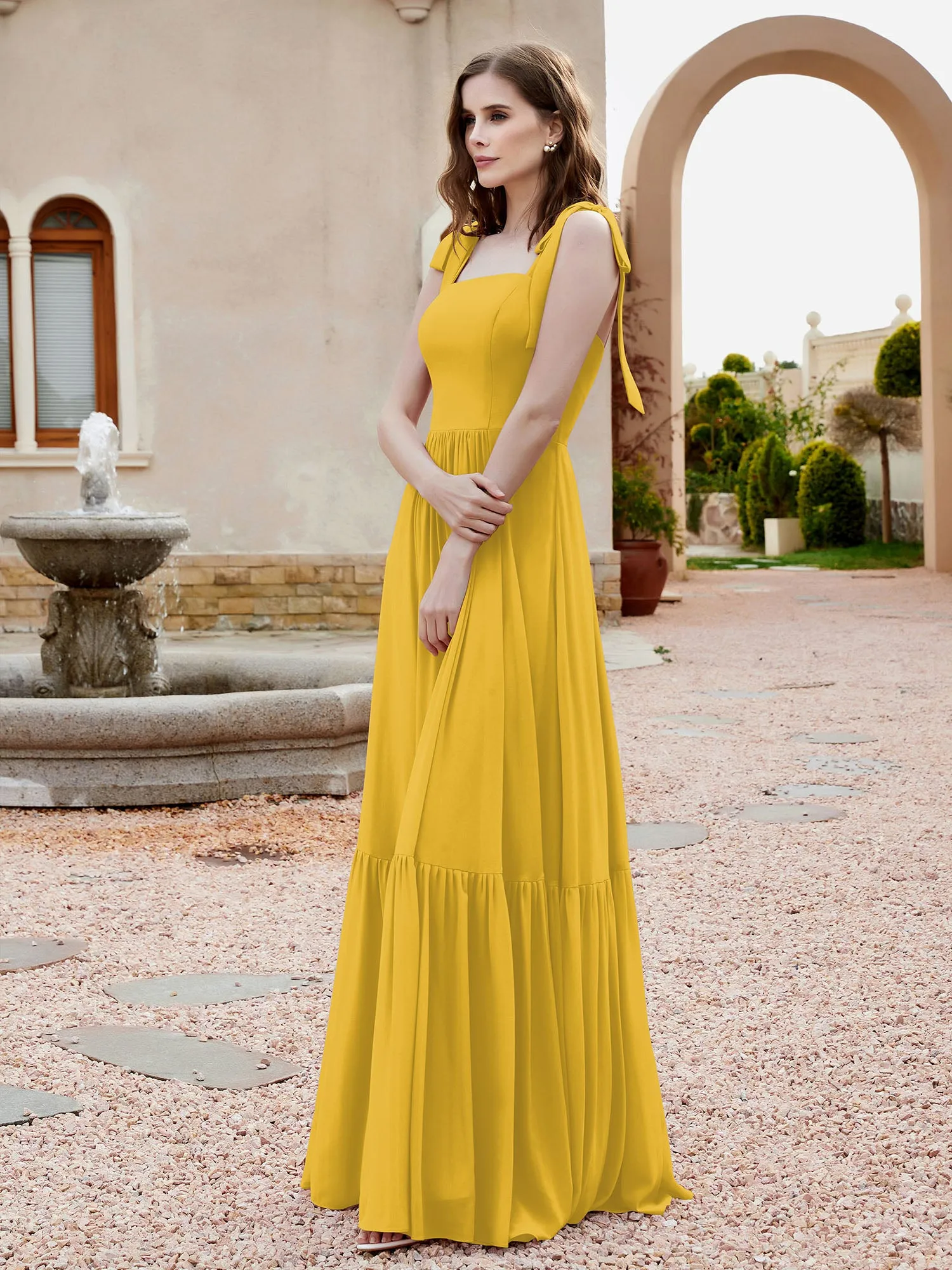 A-Line Bow Ruffle Sleeveless Chiffon Dress Marigold