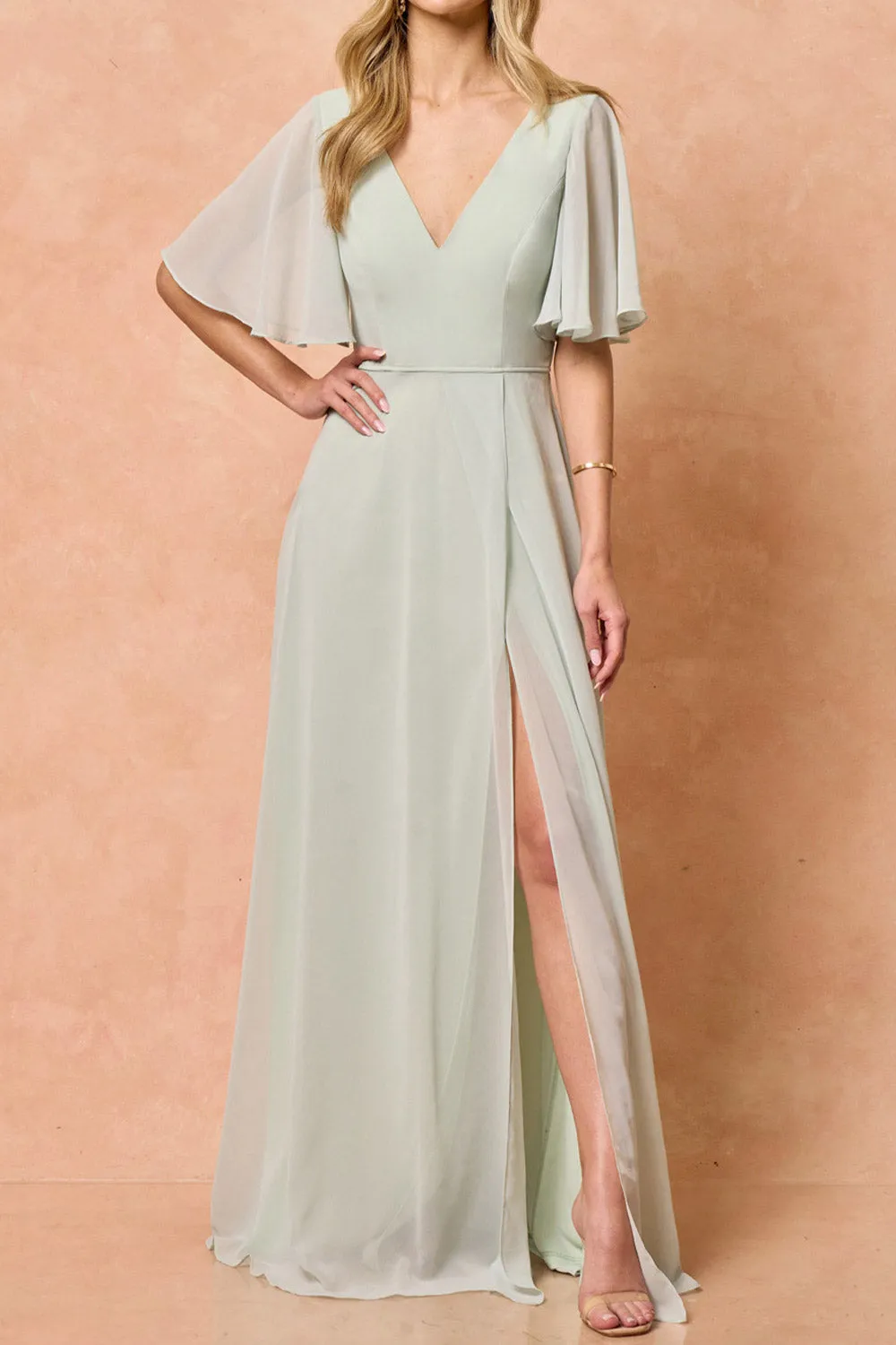 Adelphia Grey | Short Sleeve Chiffon Maxi Dress