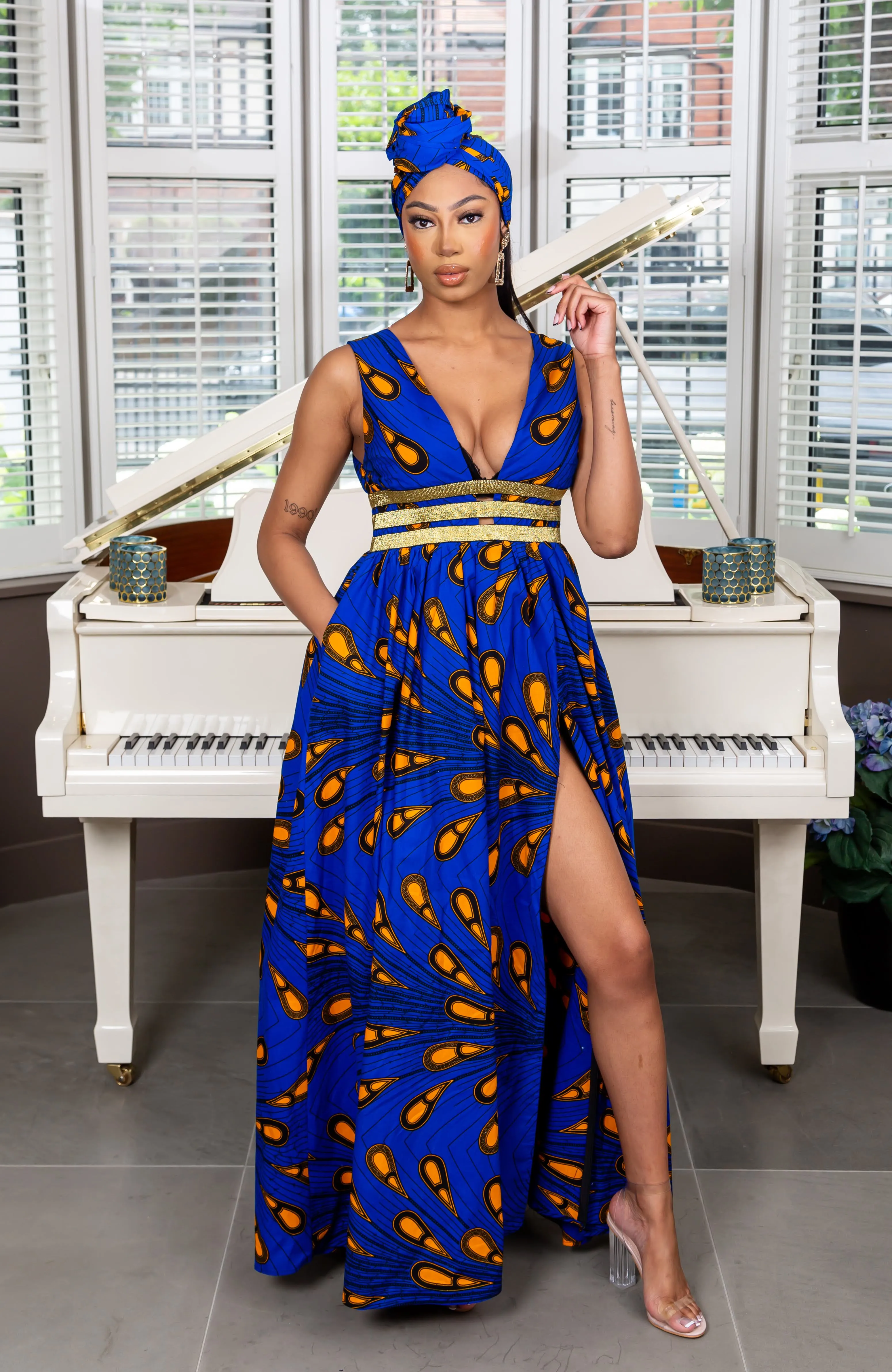 African Print Blue Plunge Neckline Maxi Dress - ELLA