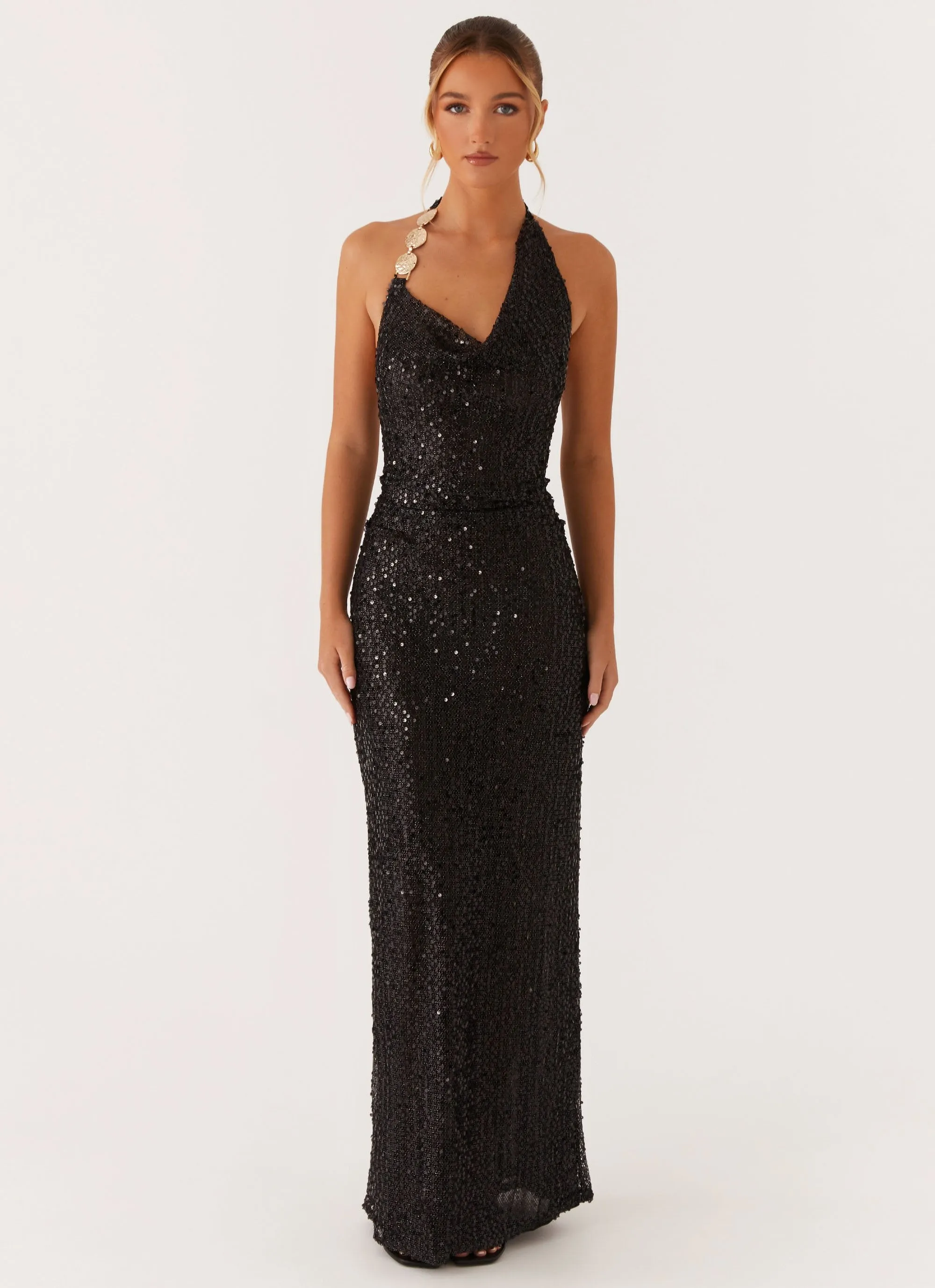 After Tonight Sequin Cowl Neck Maxi Dress - Black