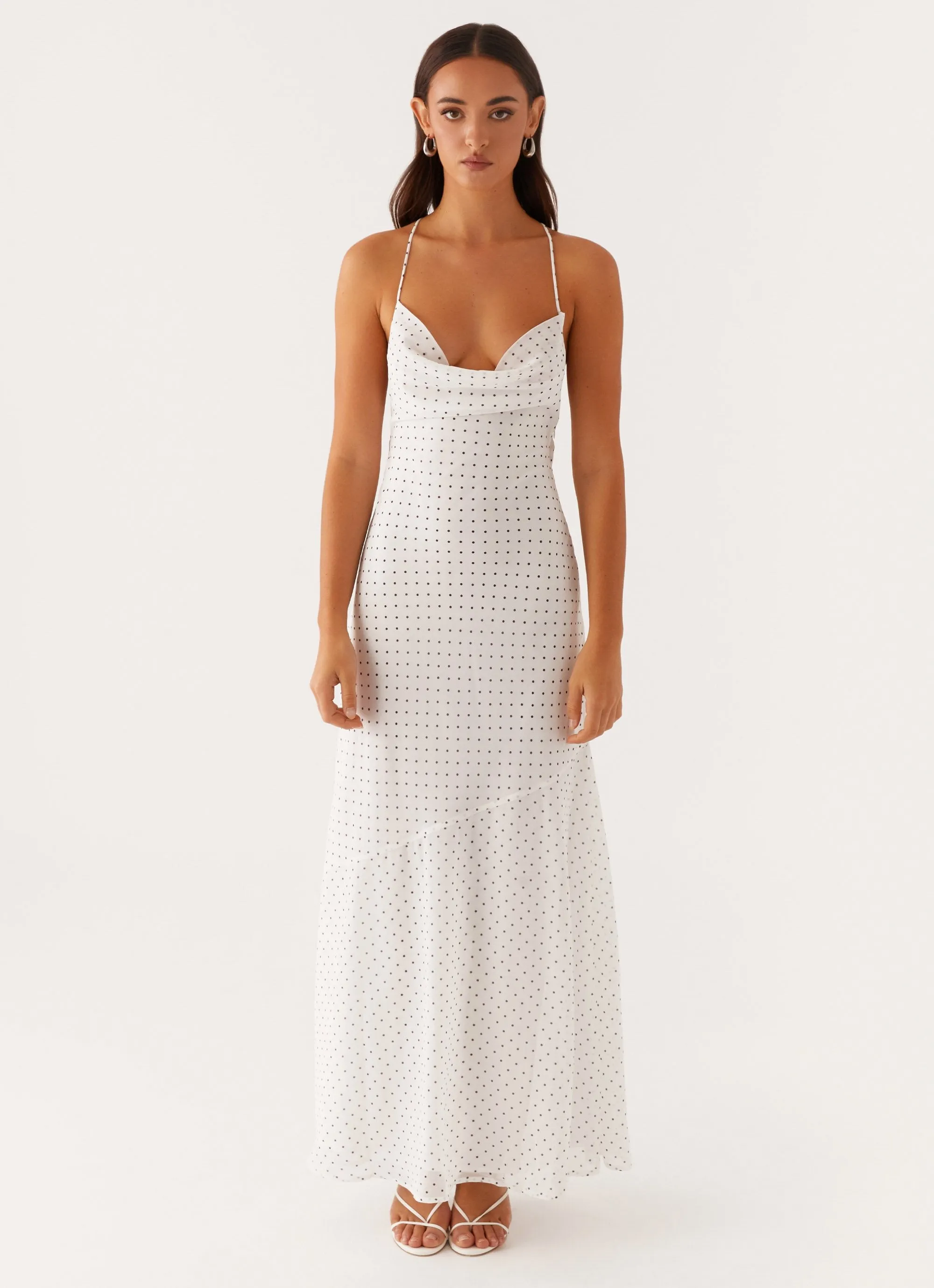 Alianna Cowl Neck Mesh Maxi Dress - White Polka Dot