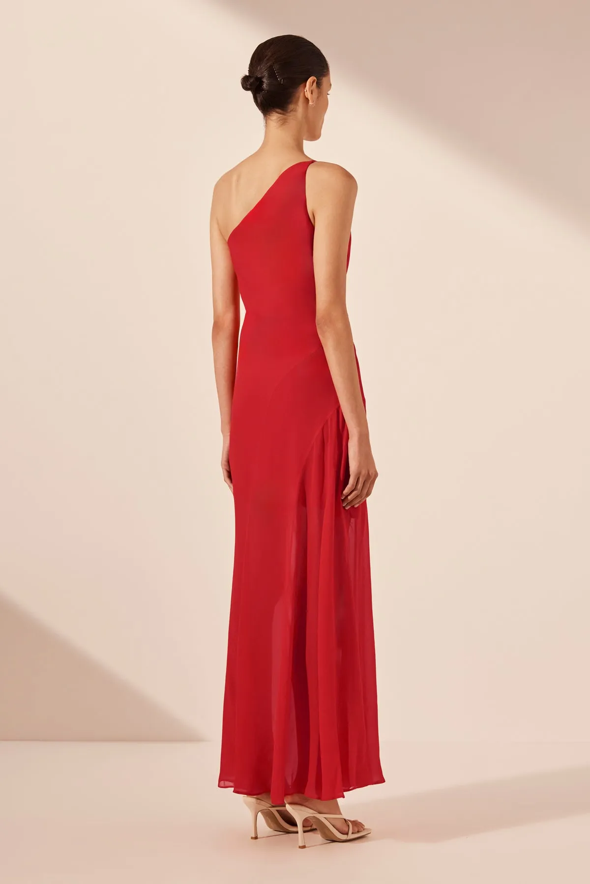 AMINA ONE SHOULDER PANELLED MAXI DRESS - CHILLI