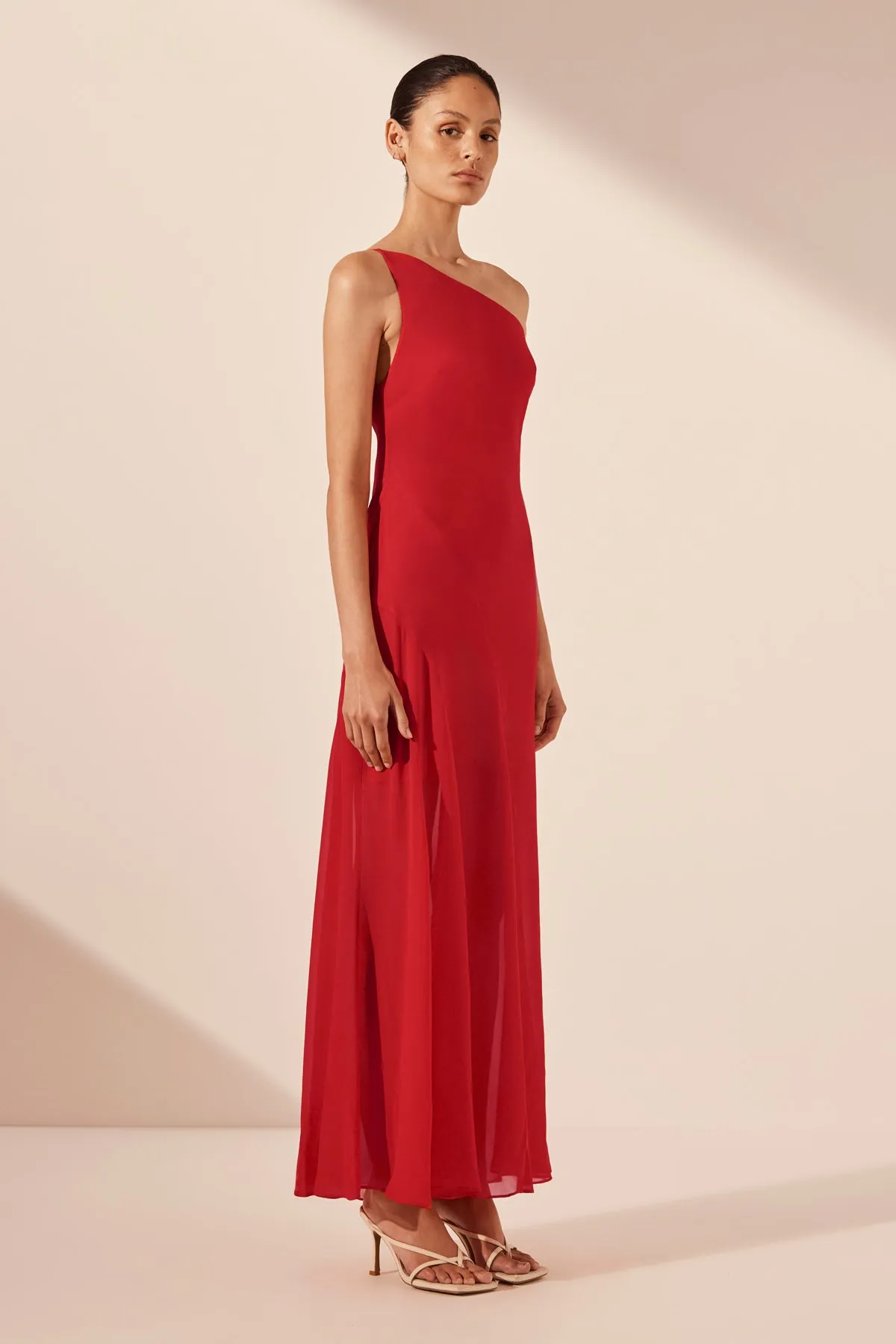 AMINA ONE SHOULDER PANELLED MAXI DRESS - CHILLI