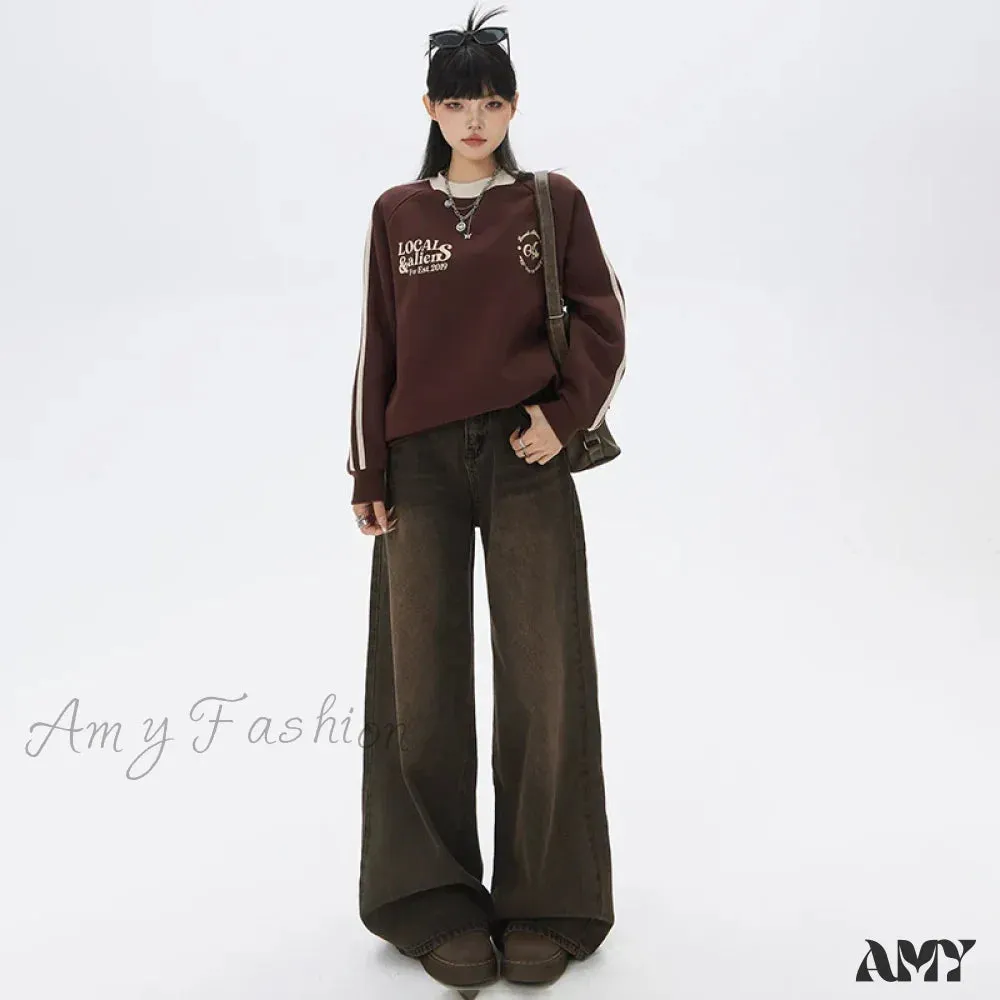 Amy Fashion - Loose Vintage Korean for Women High Waist Fashion Streetwear Casual Denim Femme Y2K Wide Leg Straight Jean