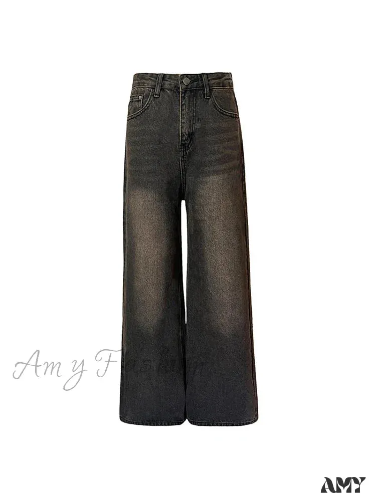 Amy Fashion - Loose Vintage Korean for Women High Waist Fashion Streetwear Casual Denim Femme Y2K Wide Leg Straight Jean