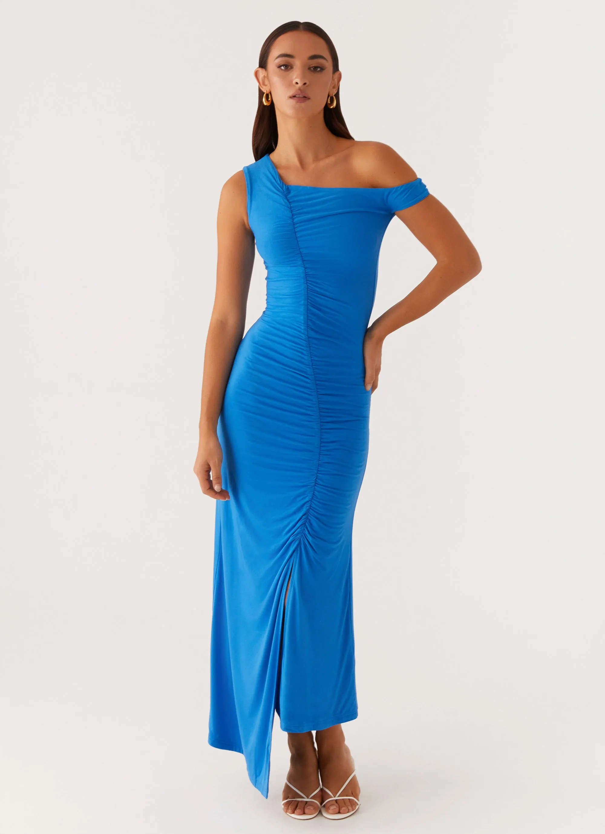 Anaya Ruched Asymmetrical Maxi Dress - Azure