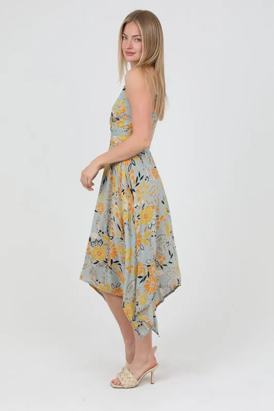 Angie Jeena Floral Handkerchief Dress - Slate/ Blue Metallic