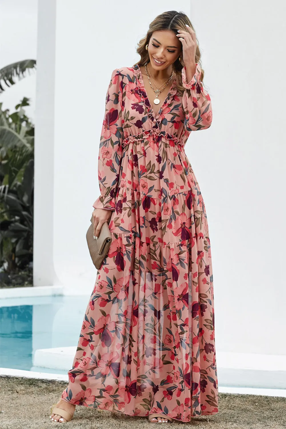 *APP EXCLUSIVE* Floral Flounce Sleeve Plunge Maxi Dress