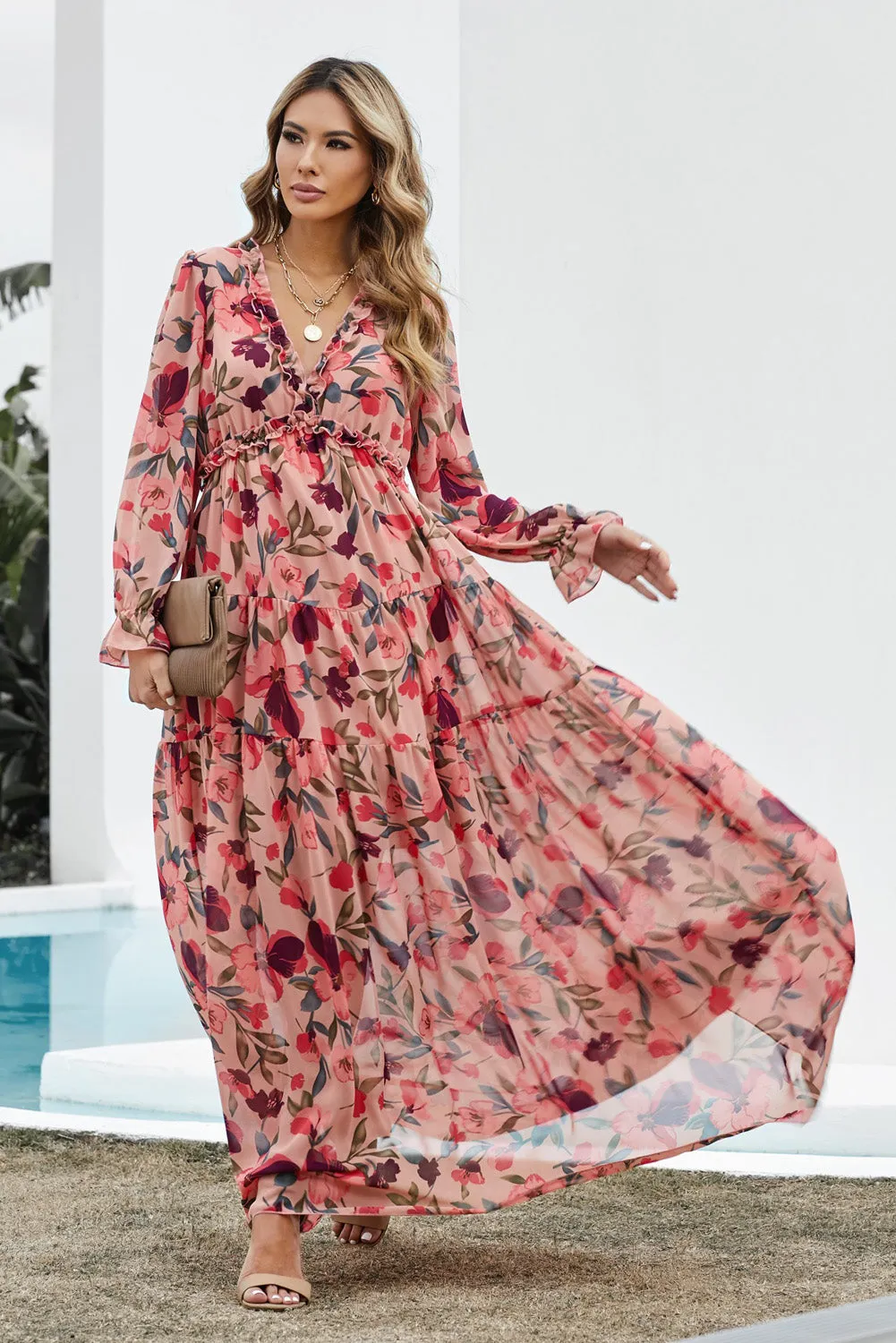 *APP EXCLUSIVE* Floral Flounce Sleeve Plunge Maxi Dress