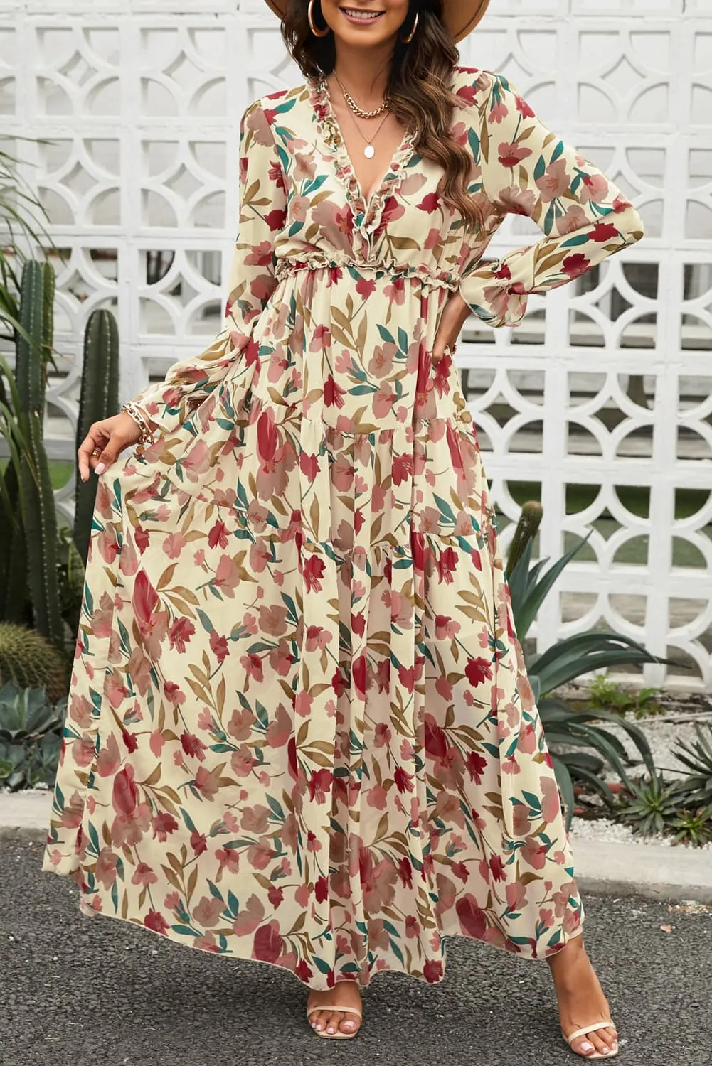 *APP EXCLUSIVE* Floral Flounce Sleeve Plunge Maxi Dress