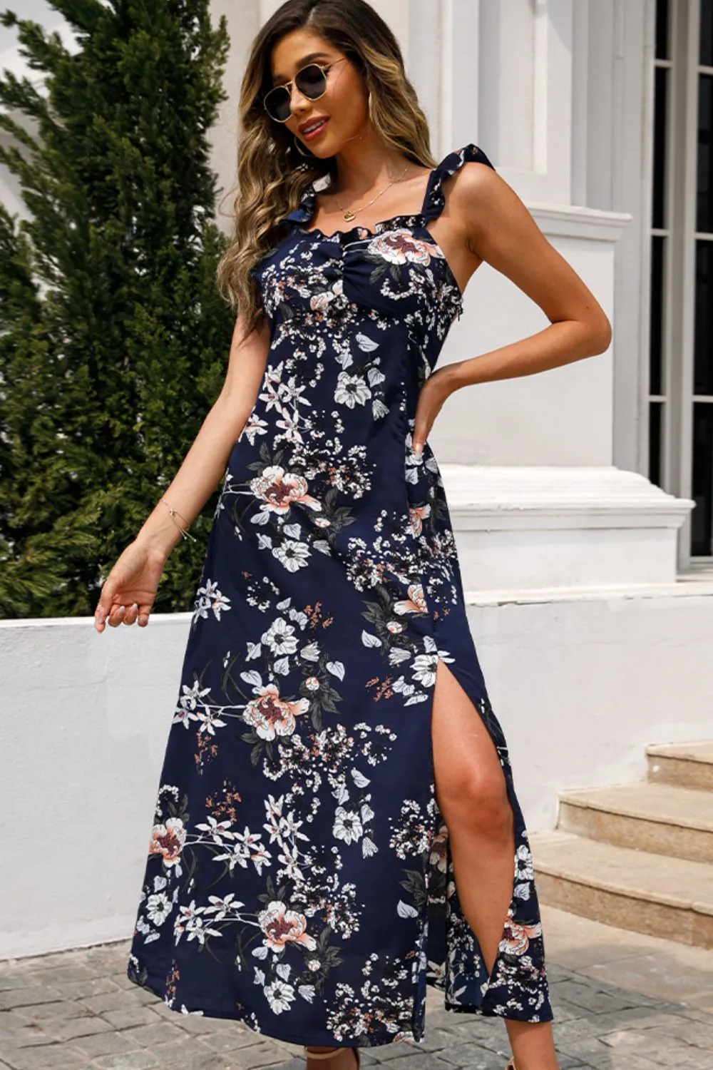 *APP EXCLUSIVE* Floral Print Sleeveless Square Neck Slit Midi Dress