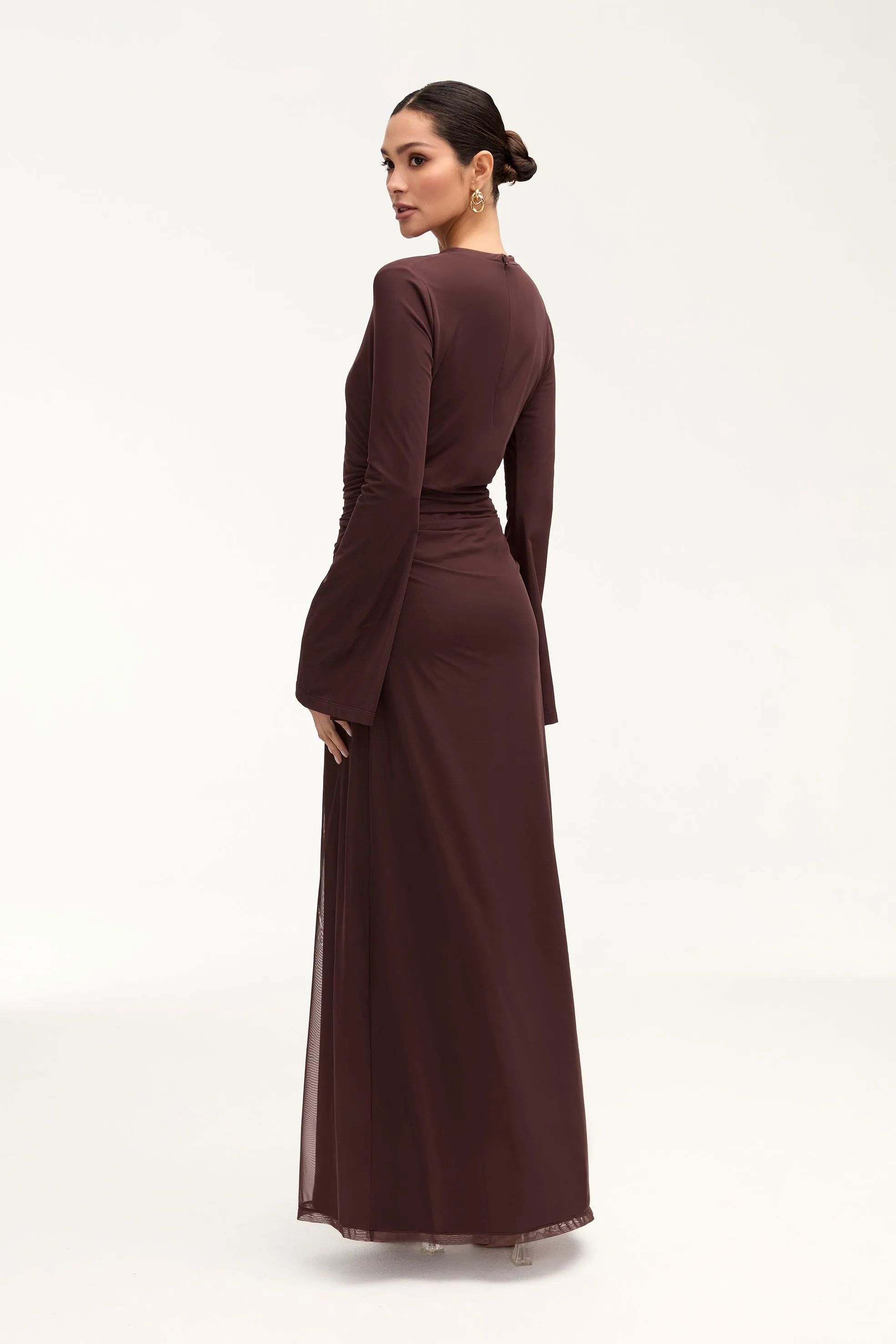 Arianna Rouched Mesh Maxi Dress - Espresso