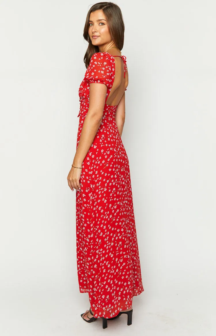 Ayla Red Floral Short Sleeve Maxi Dress