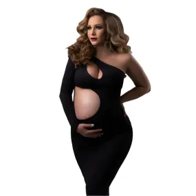 Babymoon Stretchable One Shoulder Babybump Revealing Maternity Gown Dress | Black