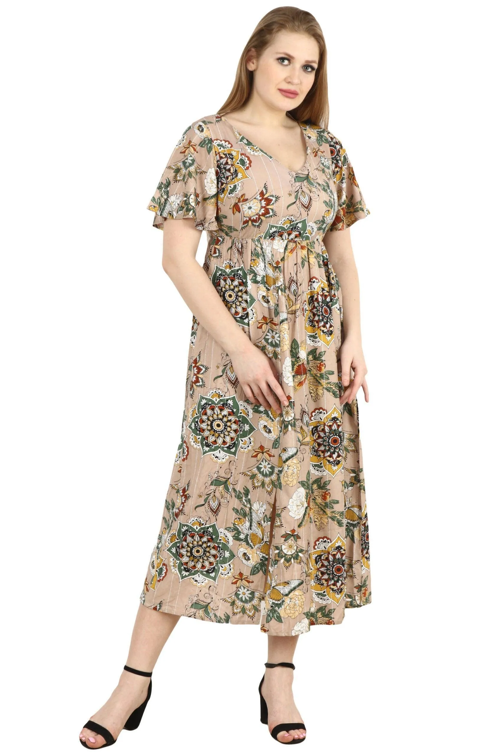 Beige Butterfly Ethnic Printed Dress