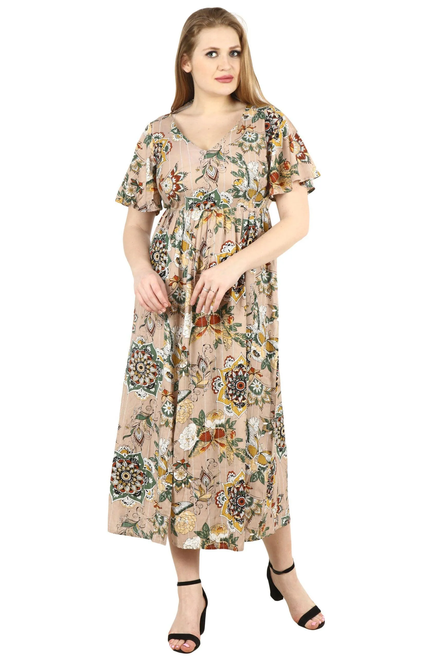 Beige Butterfly Ethnic Printed Dress