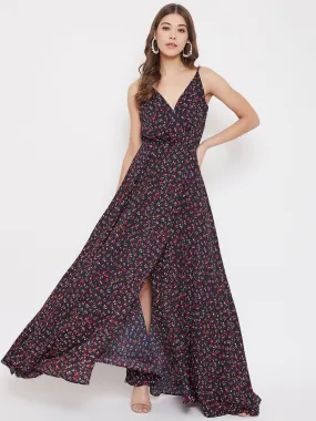 Berrylush Women Navy Blue Floral Printed V-Neck Flared Maxi Dress