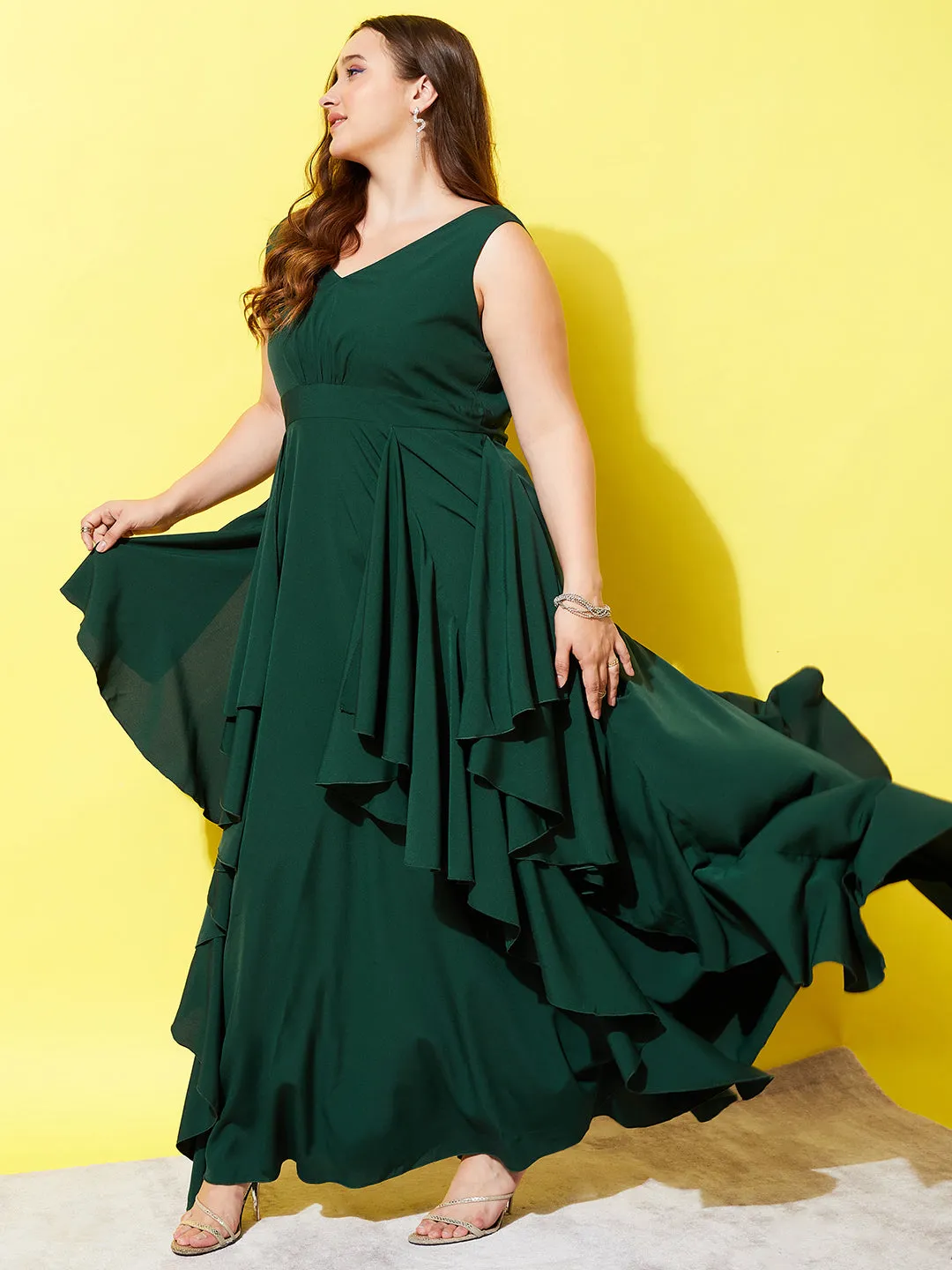 Berrylush Women Plus Size Solid Green V-Neck Sleeveless Open-Back Asymmetrical Hem Ruffled Maxi Dress