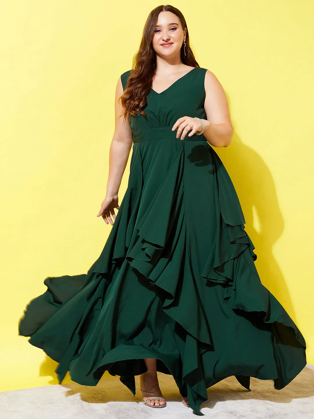 Berrylush Women Plus Size Solid Green V-Neck Sleeveless Open-Back Asymmetrical Hem Ruffled Maxi Dress