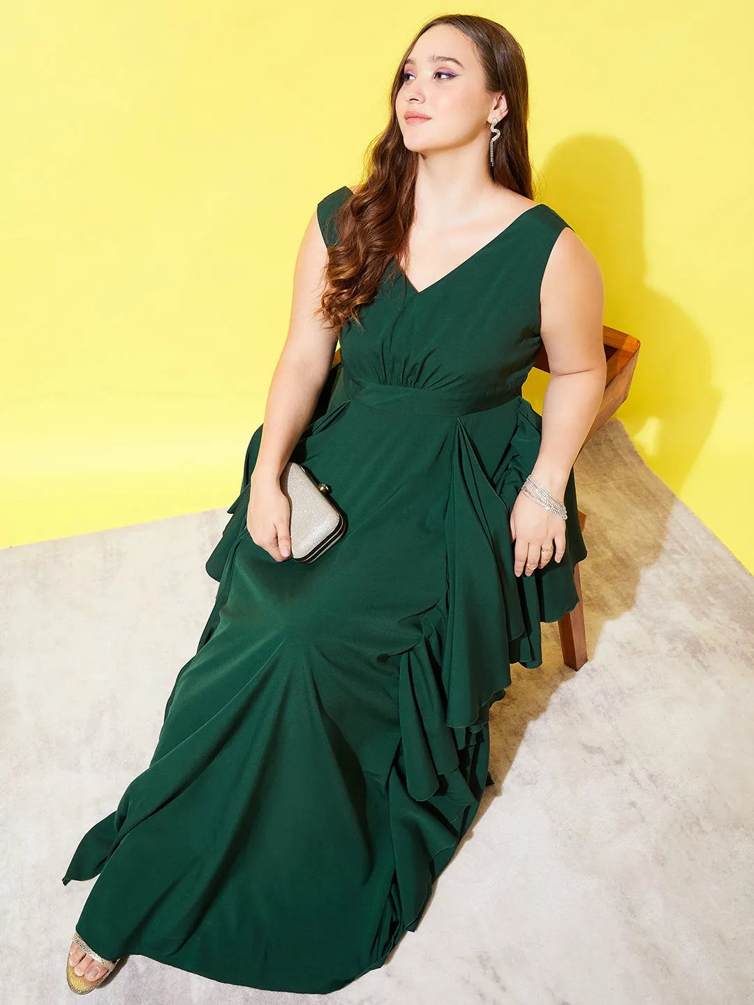 Berrylush Women Plus Size Solid Green V-Neck Sleeveless Open-Back Asymmetrical Hem Ruffled Maxi Dress