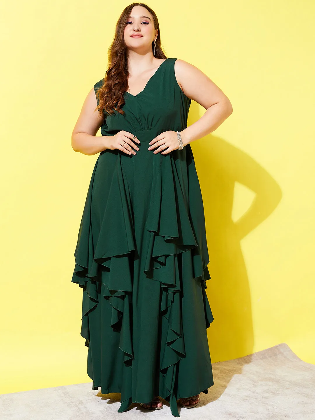 Berrylush Women Plus Size Solid Green V-Neck Sleeveless Open-Back Asymmetrical Hem Ruffled Maxi Dress