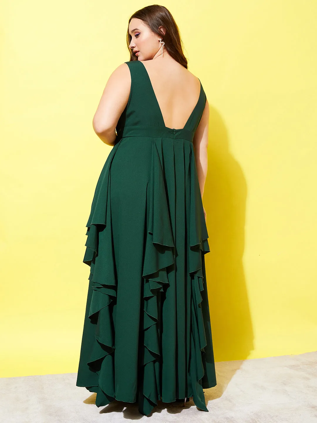 Berrylush Women Plus Size Solid Green V-Neck Sleeveless Open-Back Asymmetrical Hem Ruffled Maxi Dress