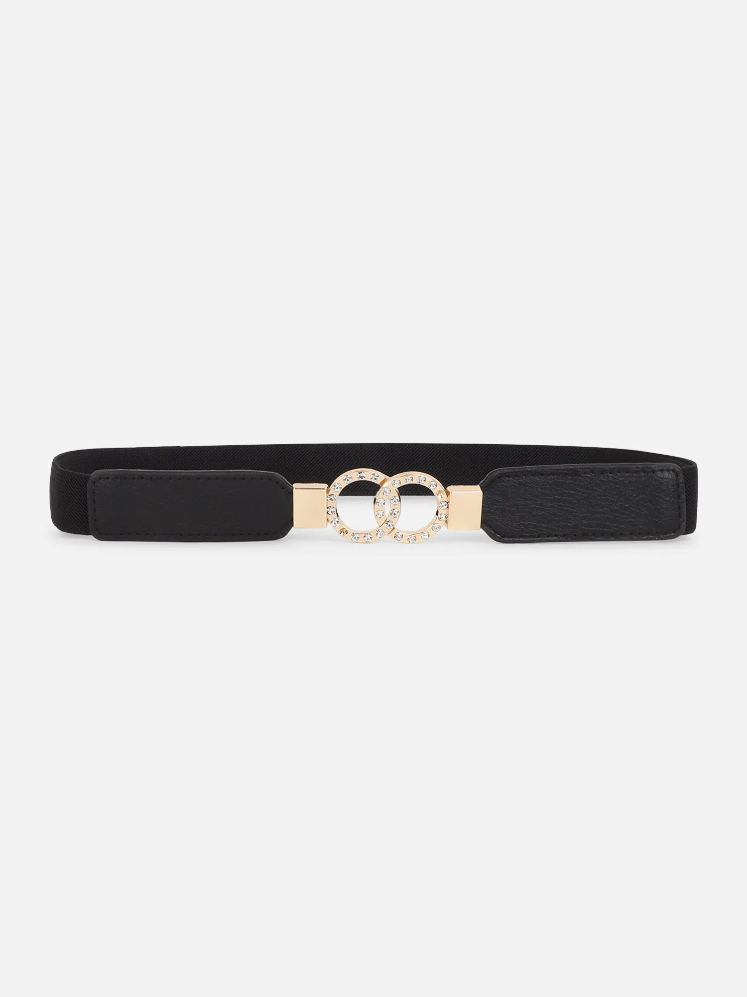 Berrylush Women Solid Black Diamond Embellished PU Nylon Interlock Regular Belt