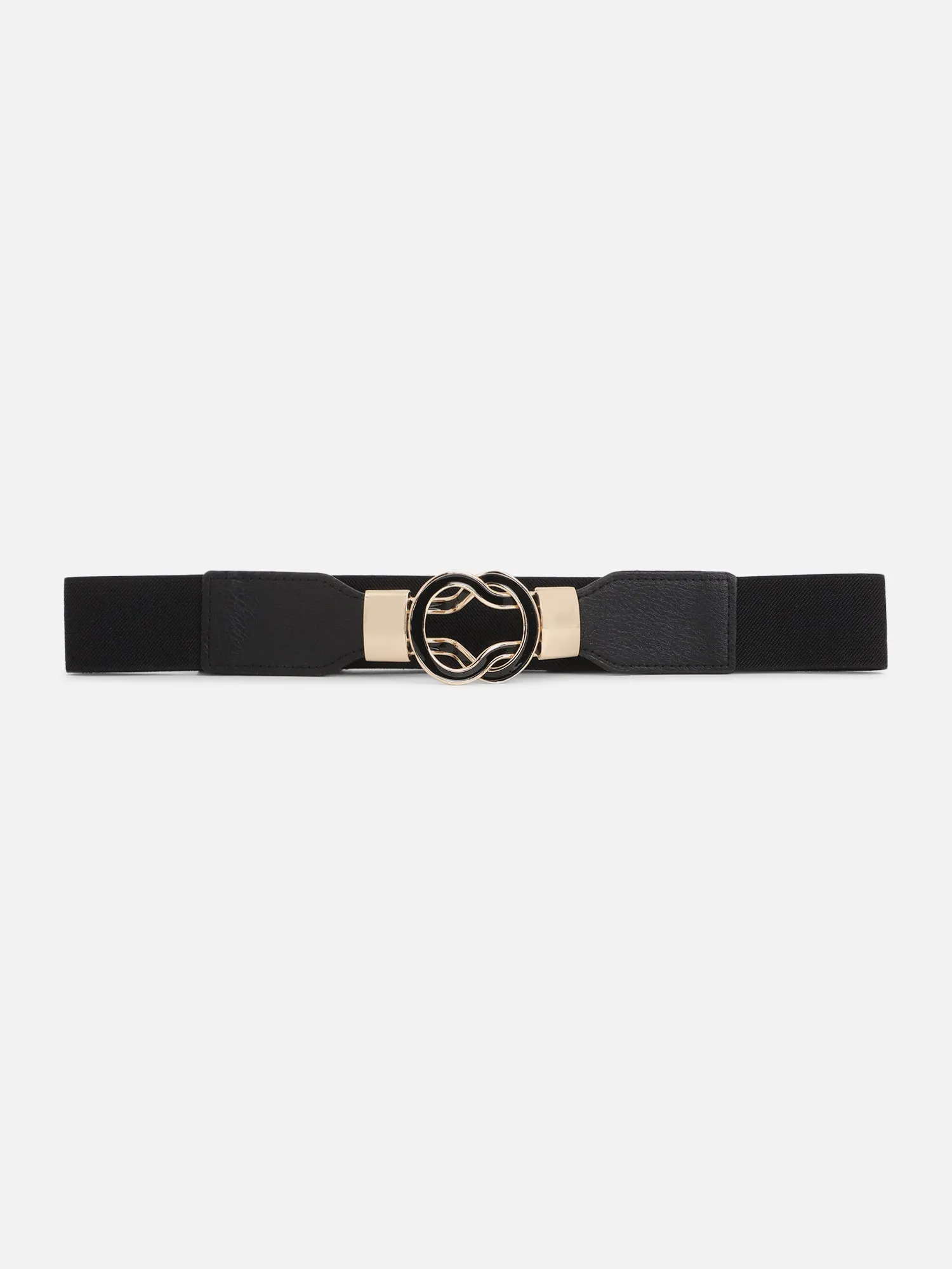 Berrylush Women Solid Black Golden Embellished Stretchable PU Nylon Interlock Regular Slim Belt