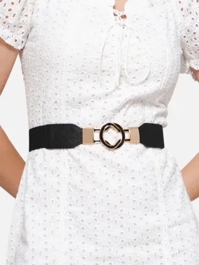 Berrylush Women Solid Black Golden Embellished Stretchable PU Nylon Interlock Regular Slim Belt