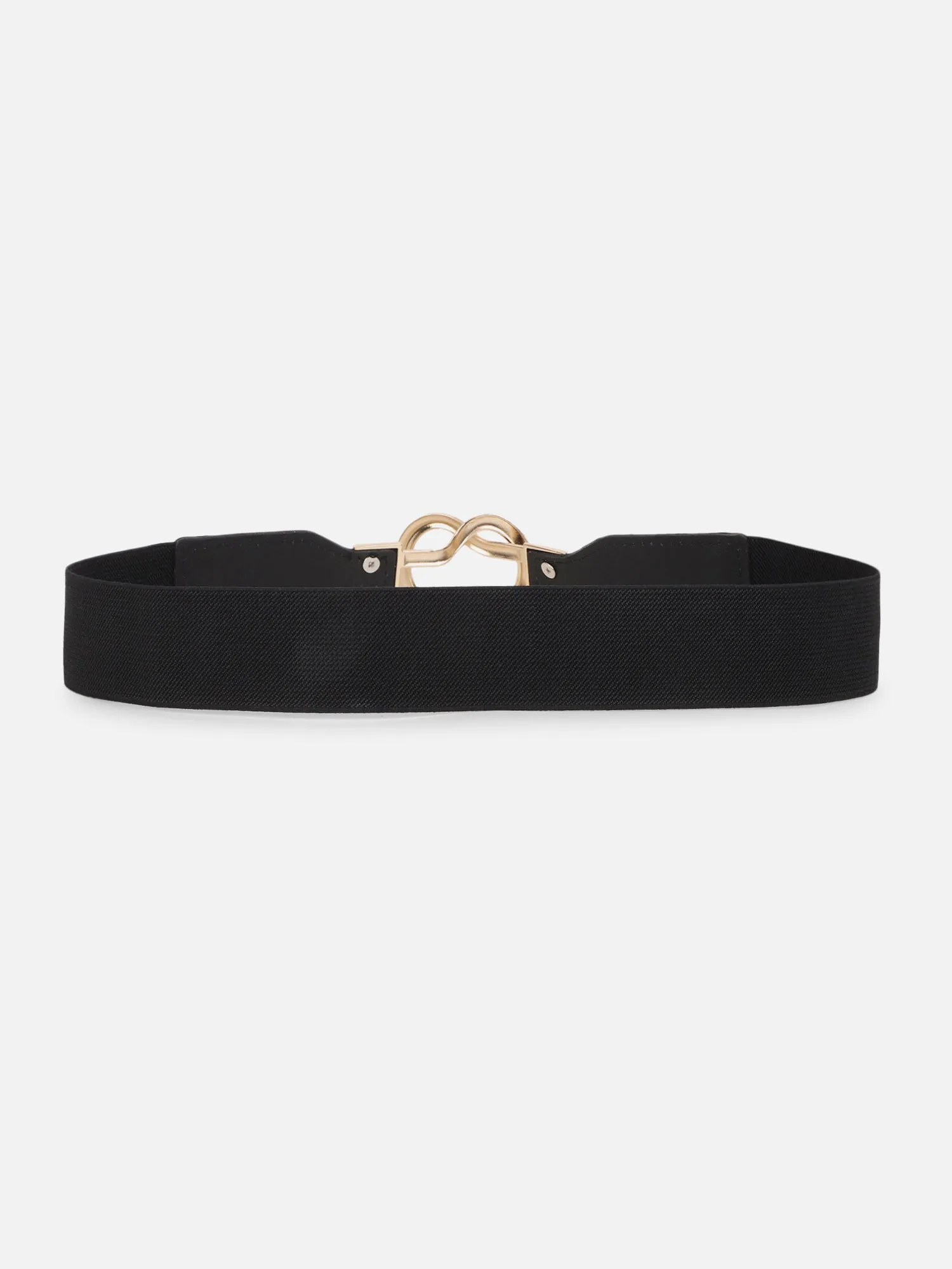 Berrylush Women Solid Black Golden Embellished Stretchable PU Nylon Interlock Regular Slim Belt