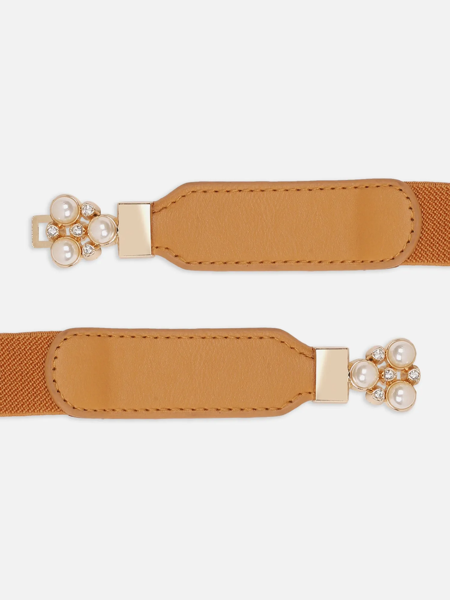 Berrylush Women Solid Brown Golden Embellished Pearl Studded PU Nylon Interlock Regular Slim Belt