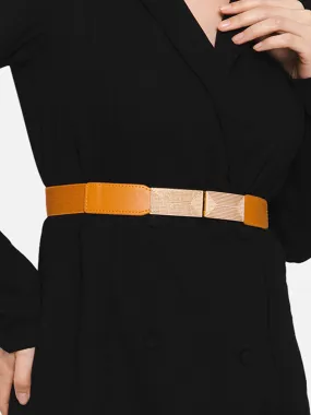 Berrylush Women Solid Brown Golden Embellished PU Nylon Interlock Regular Slim Belt