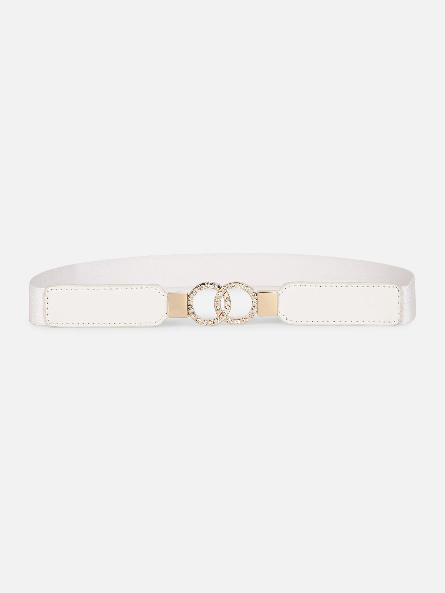 Berrylush Women Solid White Golden Embellished Diamond Studded PU Nylon Interlock Regular Slim Belt