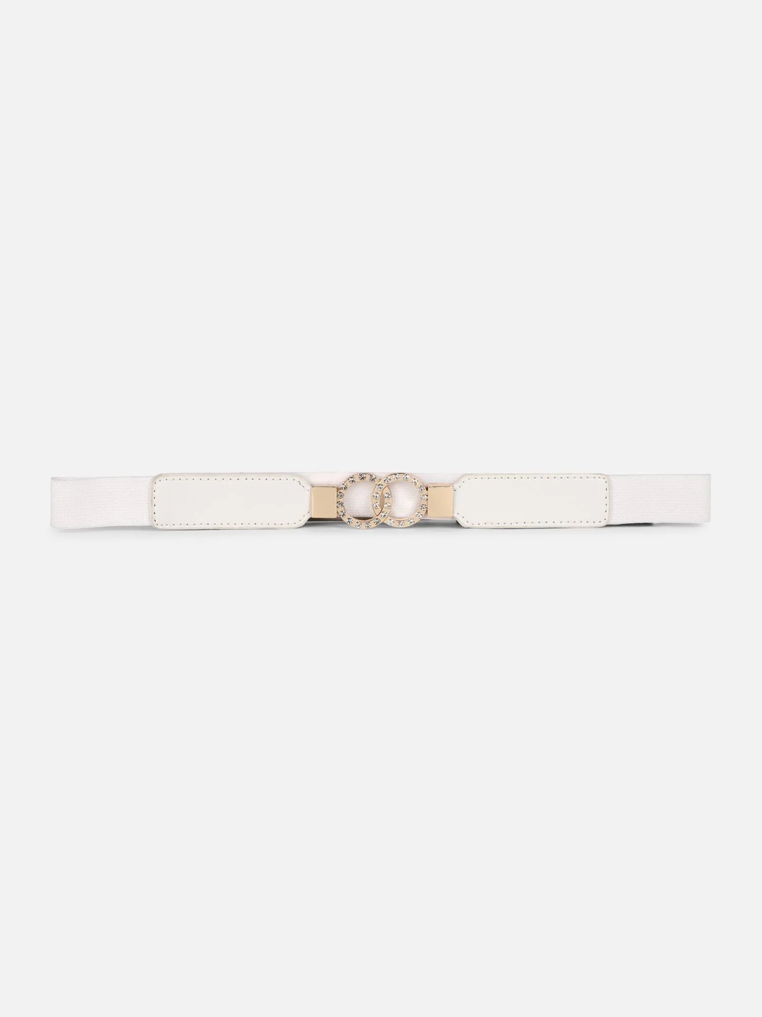 Berrylush Women Solid White Golden Embellished Diamond Studded PU Nylon Interlock Regular Slim Belt