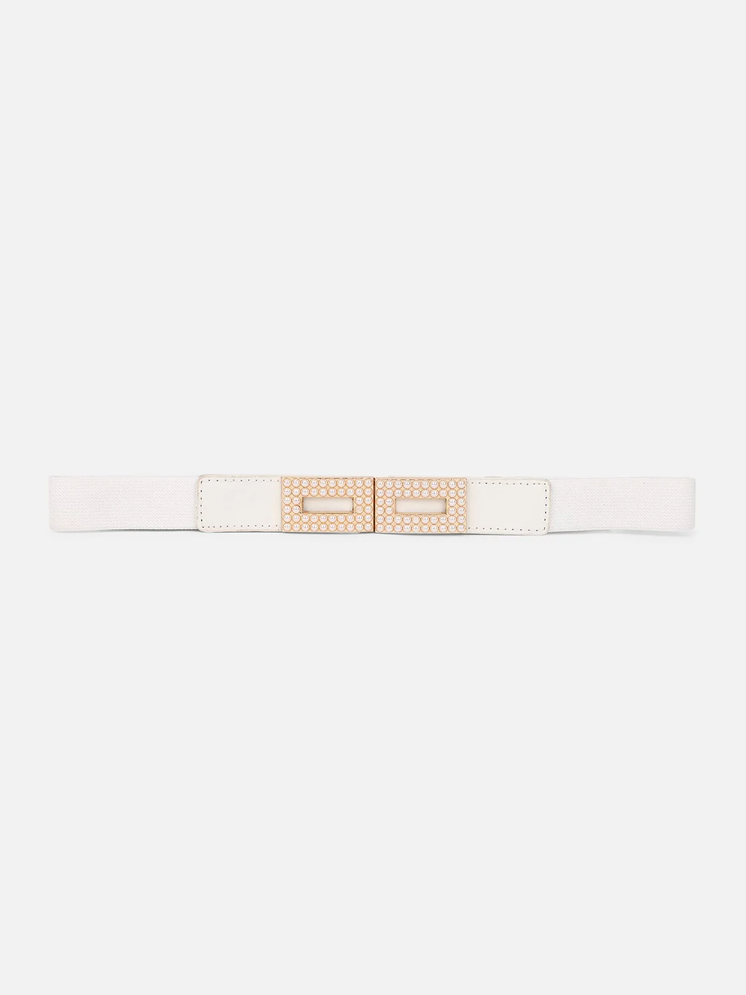 Berrylush Women Solid White Golden Embellished Pearl Studded PU Nylon Interlock Regular Slim Belt