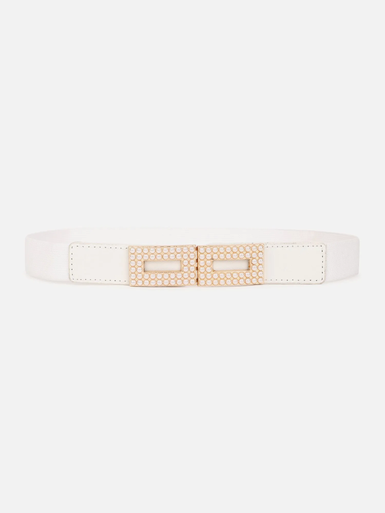 Berrylush Women Solid White Golden Embellished Pearl Studded PU Nylon Interlock Regular Slim Belt