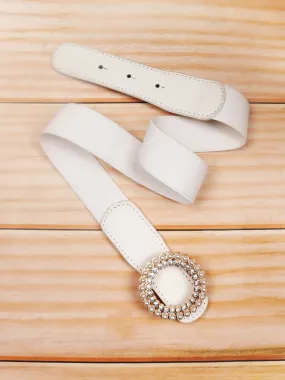 Berrylush Women Solid White Pearl & Diamond Embellished PU Nylon Interlock Regular Slim Belt