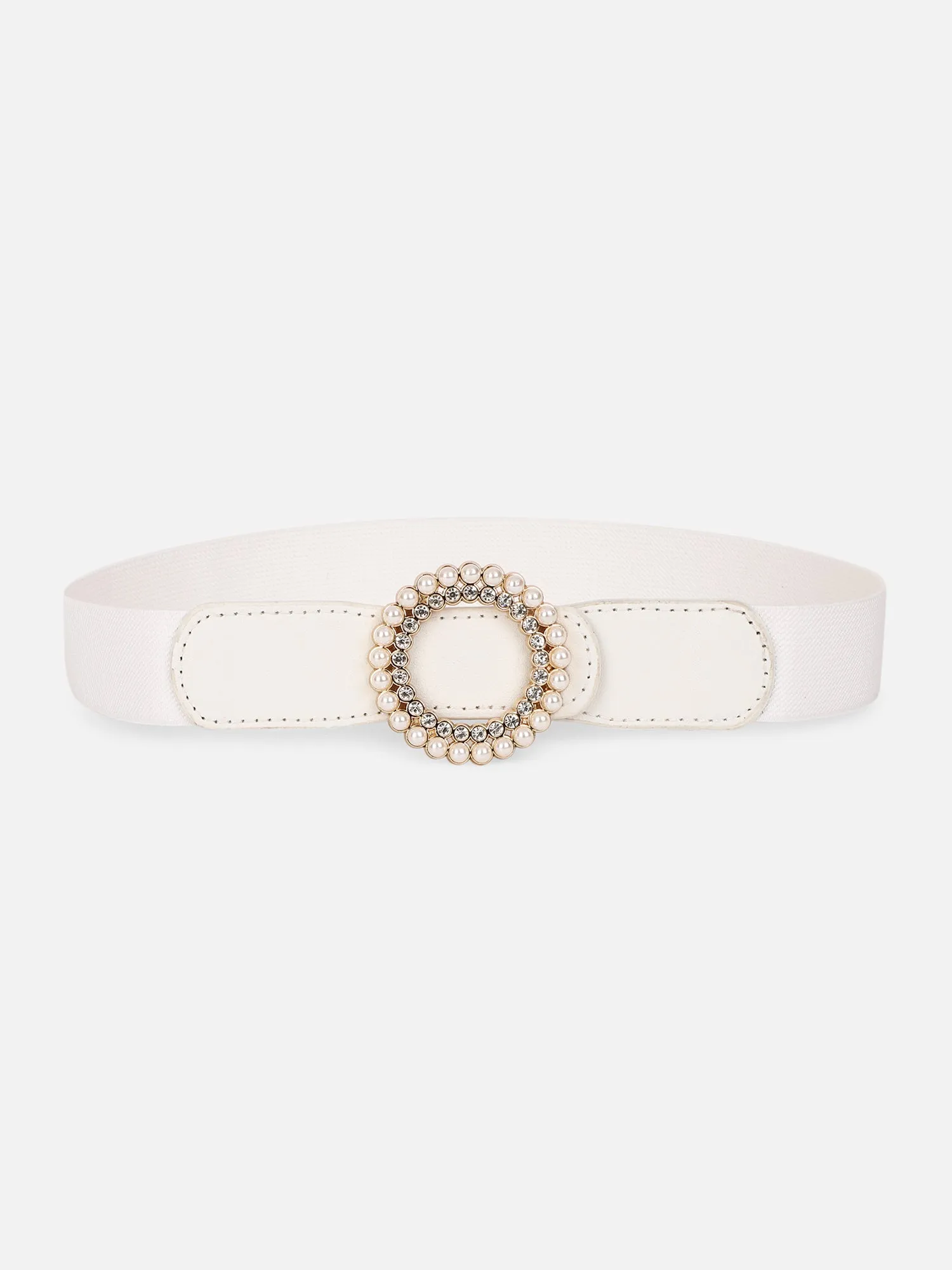 Berrylush Women Solid White Pearl & Diamond Embellished PU Nylon Interlock Regular Slim Belt