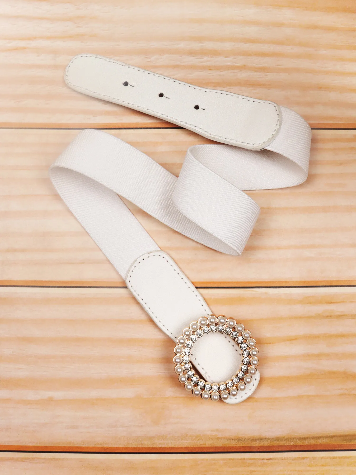 Berrylush Women Solid White Pearl & Diamond Embellished PU Nylon Interlock Regular Slim Belt