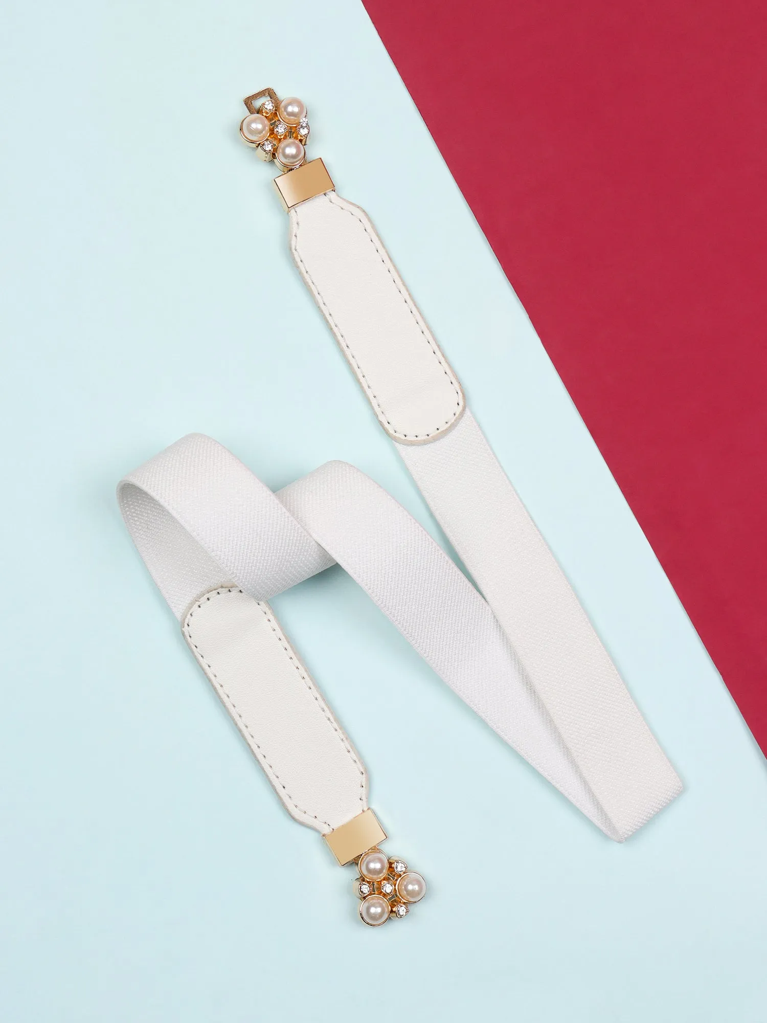 Berrylush Women Solid White Pearl Studded Golden Studded PU Nylon Interlock Regular Slim Belt