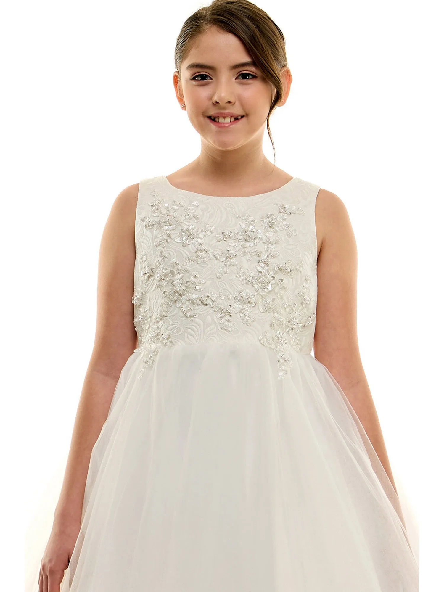 Big Girls Ivory Jacquard Tulle Beaded Luna Communion Dress 8-16