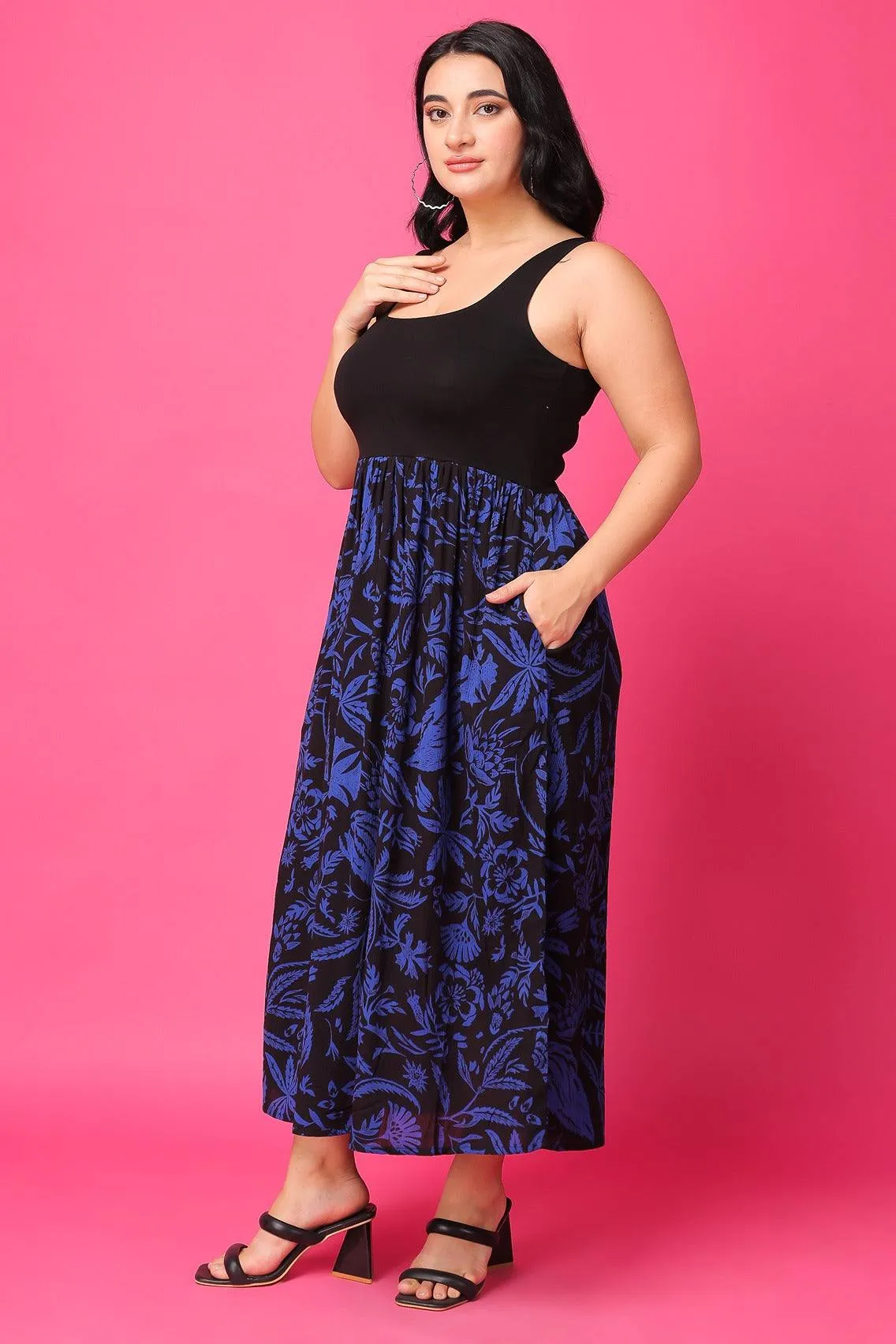 Black & Blue Half Solid Half Printed Mix Dress