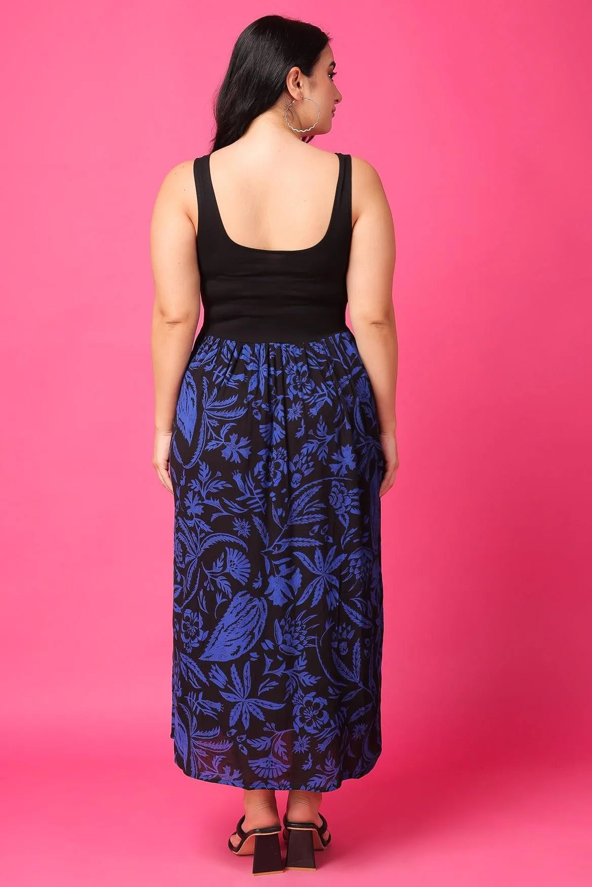 Black & Blue Half Solid Half Printed Mix Dress