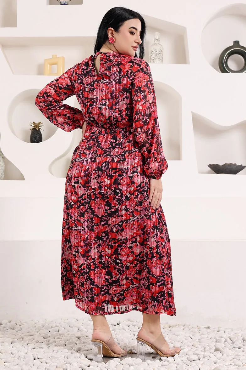 Black & Red Floral Printed Pleated Dress