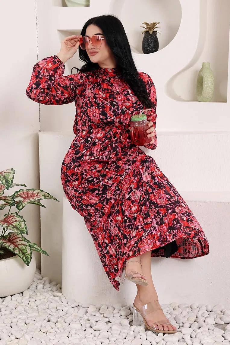 Black & Red Floral Printed Pleated Dress