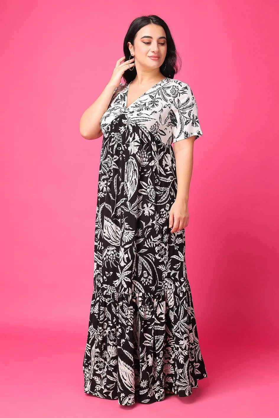 Black & White Mix Leaf Printed Dress