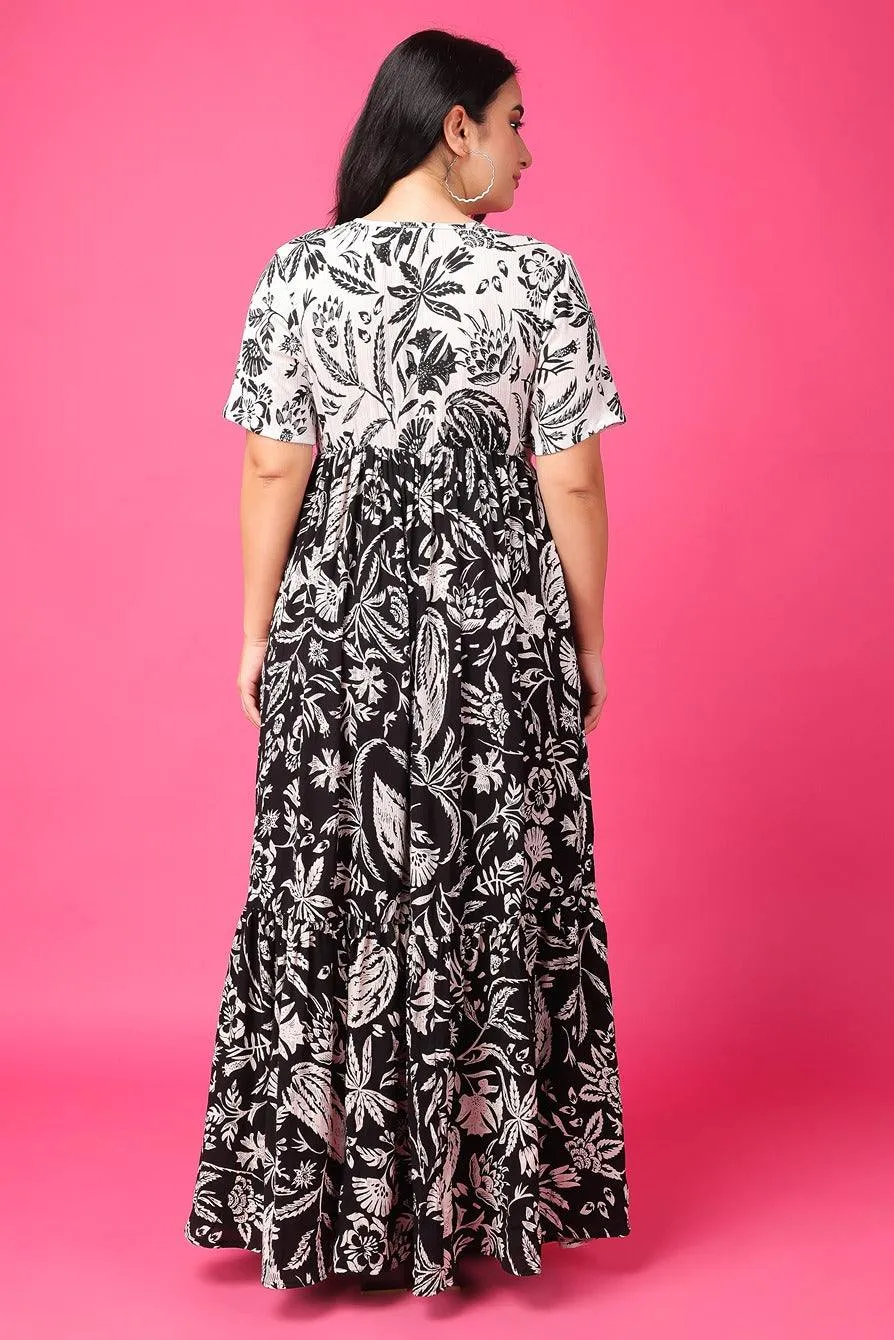 Black & White Mix Leaf Printed Dress