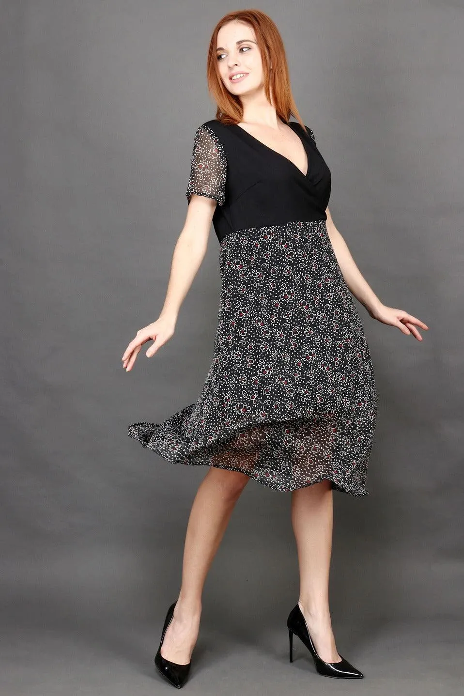 Black Floral Half Printed Half Solid Dress