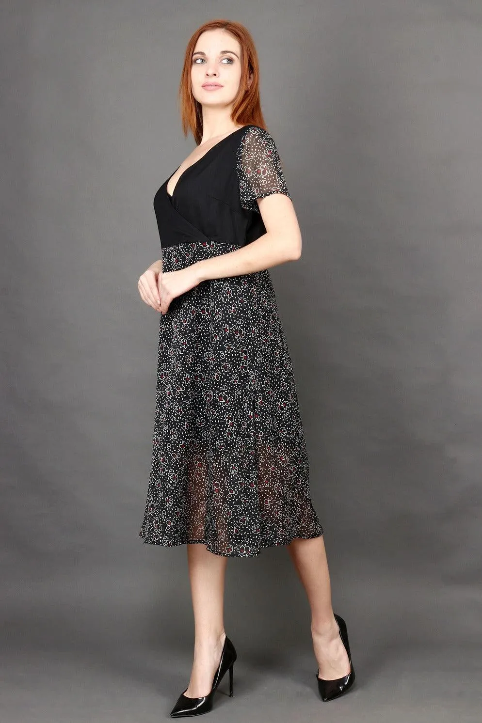 Black Floral Half Printed Half Solid Dress